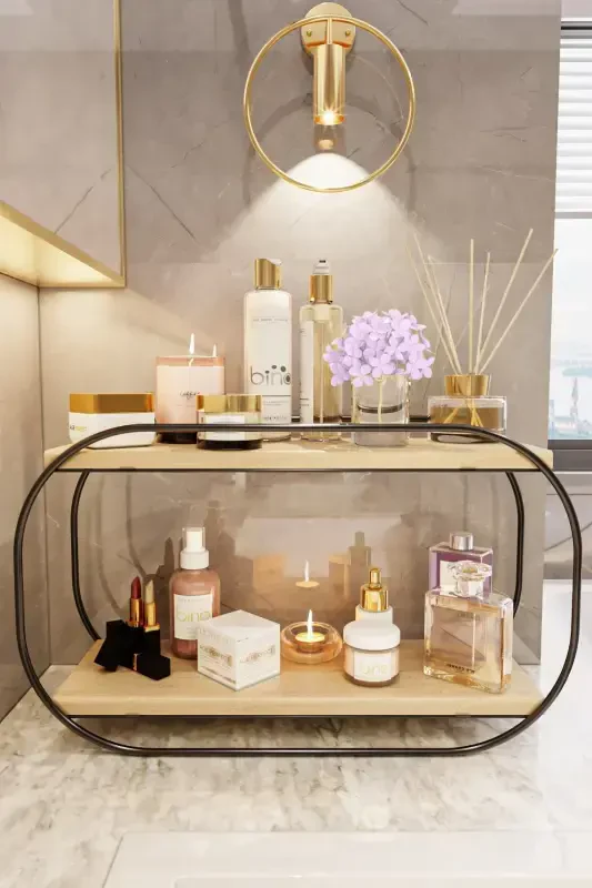 Ko'p maqsadli hammom uchun oval shaklidagi yog'och tokcha. Stol usti, hammom, oshxona tokchasi. Zargarlik buyumlari va kosmetika uchun organizer. - BINO