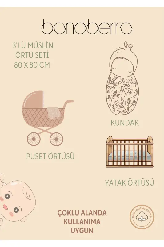 Ko'p maqsadli muslin choyshab & adyol 3'li to'plami %100 paxta Oeko-teks sertifikati 80x80 sm - 4