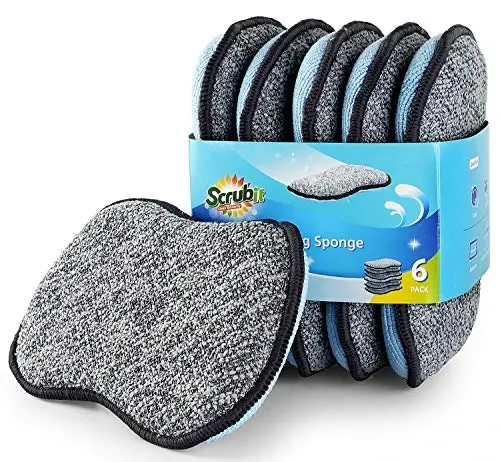 Ko'p maqsadli tozalovchi gubkalar oshxona uchun Scrub-it - Chizilmaydigan mikrofiber gubka, og'ir yuklarni tozalash qobiliyati bilan birga - Idishlar, qozonlar va tovarni bir vaqtning o'zida oson tozalash (6 dona, katta) - 5