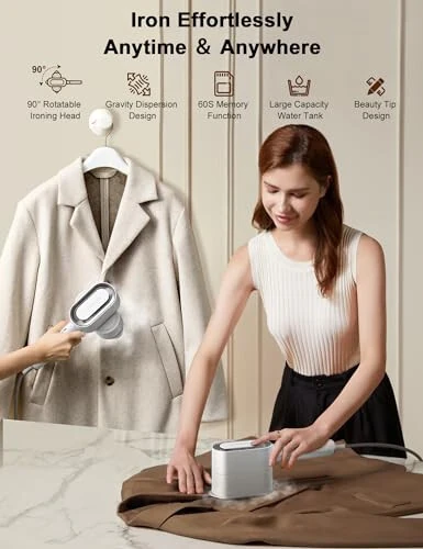 KopBeau Clothes Steamer, 2-in-1 Clothes Steamer & Iron for Wrinkles Remover, NTC Precision Ironing Protects Clothes, 14 Min of Continuous Steam, 1000W Travel Steamer for Travel and Home Use, White - 7