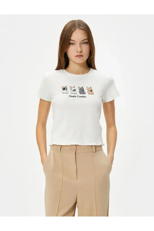Kurzes T-Shirt mit Hunde-Print, kurzärmlig, Rundhalsausschnitt, strukturierte Baumwolle - Ecru - 3