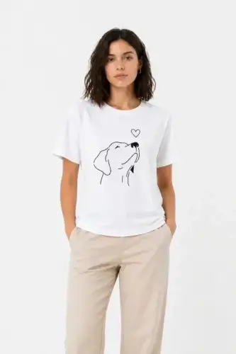 Köpek Figürlü Minimal Baskılı Tişört Kısa Kol Yazlık T-Shirt - Beyaz - 1