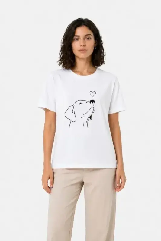 Köpek Figürlü Minimal Baskılı Tişört Kısa Kol Yazlık T-Shirt - Beyaz - 4