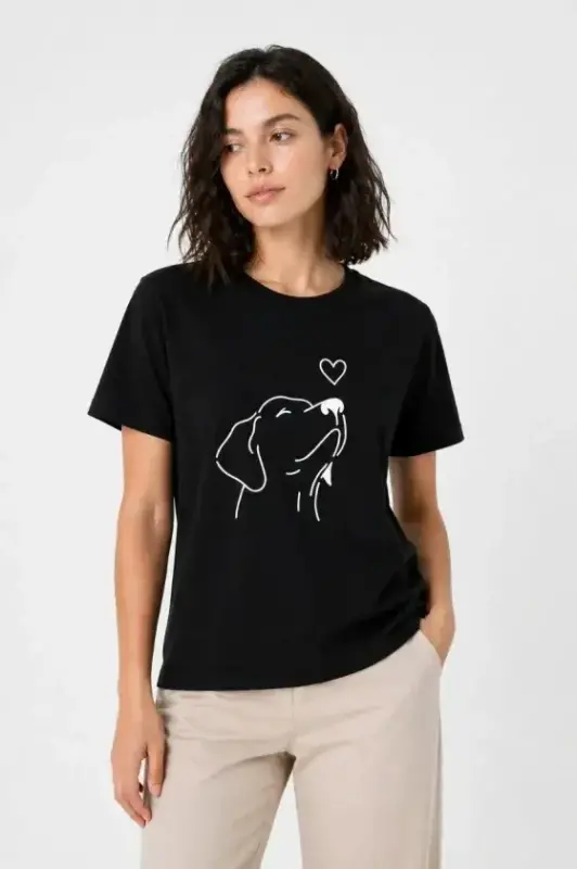 Köpek Figürlü Minimal Baskılı Tişört Kısa Kol Yazlık T-Shirt - Siyah - BÜYÜKBEDENIZ