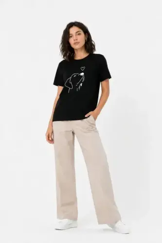 Köpek Figürlü Minimal Baskılı Tişört Kısa Kol Yazlık T-Shirt - Siyah - BÜYÜKBEDENIZ (1)
