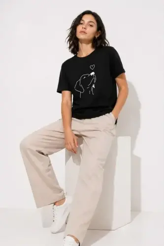 Köpek Figürlü Minimal Baskılı Tişört Kısa Kol Yazlık T-Shirt - Siyah - 3