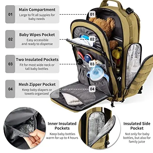 SHARKMOUTH Diaper Bag Backpack for Dad and Mom, Military Molle diaper Pack with Insulated Bottle Holders and Wipe Pocket 