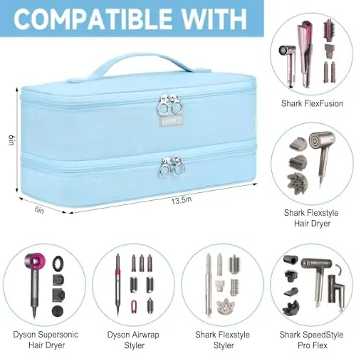 Travel Carrying Case Compatible with Shark Flexstyle/FlexFusion/Hair Dryer,Double-Layer Hair Hot Tools Storage Bag Fits for Dyson Airwrap Styler/Supersonic Hair Dryer and AttacModazoneents,Blue-Bag Only - 2