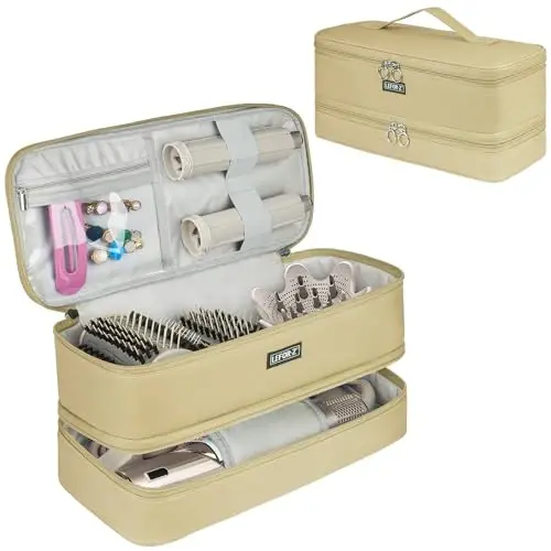 Travel Carrying Case Compatible with Shark Flexstyle/FlexFusion/Hair Dryer,Double-Layer Hair Hot Tools Storage Bag Fits for Dyson Airwrap Styler/Supersonic Hair Dryer and AttacModazoneents,Khaki-Bag Only - 1