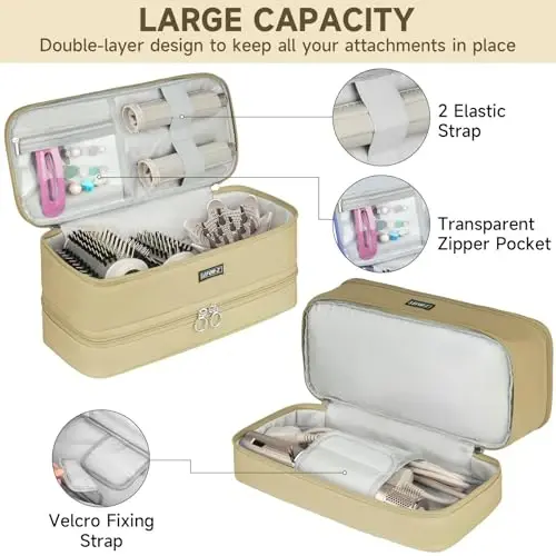 Travel Carrying Case Compatible with Shark Flexstyle/FlexFusion/Hair Dryer,Double-Layer Hair Hot Tools Storage Bag Fits for Dyson Airwrap Styler/Supersonic Hair Dryer and AttacModazoneents,Khaki-Bag Only - 3