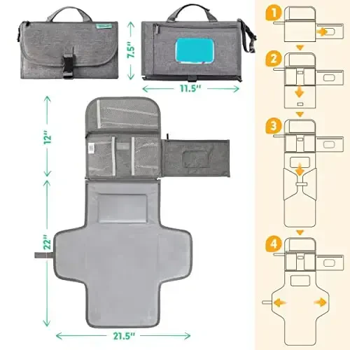 Kopi Baby Portable Diaper Changing Pad - Baby Diaper Changer Travel Bag with Wipes Pocket, Smart Design Portable Changing Mat, Infant Travel Station Kit, Gift for Newborn Girl & Boy - Grey, Premium - 5