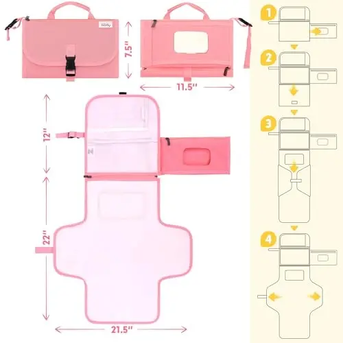 Kopi Baby Portable Diaper Changing Pad - Baby Diaper Changer Travel Bag with Wipes Pocket, Smart Design Portable Changing Mat, Infant Travel Station Kit, Gift for Newborn Girl & Boy - Pink, Classic - 5