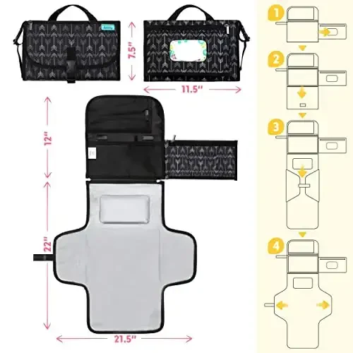 Kopi Baby Portativ taglik almashtirish pedi - salfetka cho'ntagi bilan chaqaloq tagligini almashtiruvchi sayohat sumkasi, aqlli dizayndagi portativ almashtirish matosi, go'dak sayohat stantsiyasi to'plami, yangi tug'ilgan chaqaloq uchun sovg'a - qora o'qlar, klassik - 5