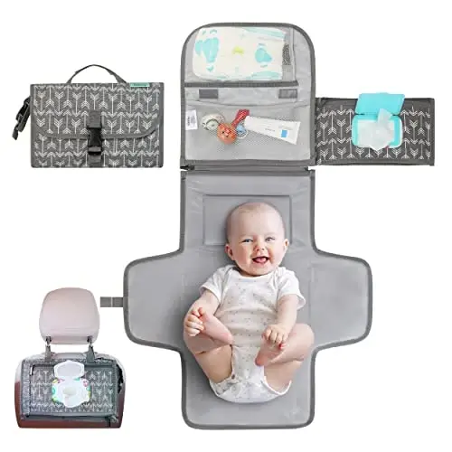 Kopi Baby Portable Diaper Changing Pad-Baby Diaper Changer Travel Bag with Wipes Pocket, Smart Design Portable Changing Mat, Infant Travel Station Kit, Gift for Newborn Girl & Boy-Grey Arrows, Classic 