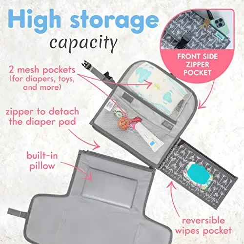 Kopi Baby Portable Diaper Changing Pad-Baby Diaper Changer Travel Bag with Wipes Pocket, Smart Design Portable Changing Mat, Infant Travel Station Kit, Gift for Newborn Girl & Boy-Grey Arrows, Classic - 2