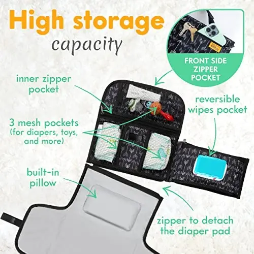 Kopi Baby Portable Diaper Changing Pad-Baby Diaper Changer Travel Bag with Wipes Pocket, Smart Design Portable Changing Mat, Infant Travel Station Kit, Gift for Newborn Girl & Boy-Black Arrows,Premium - KOPI (1)