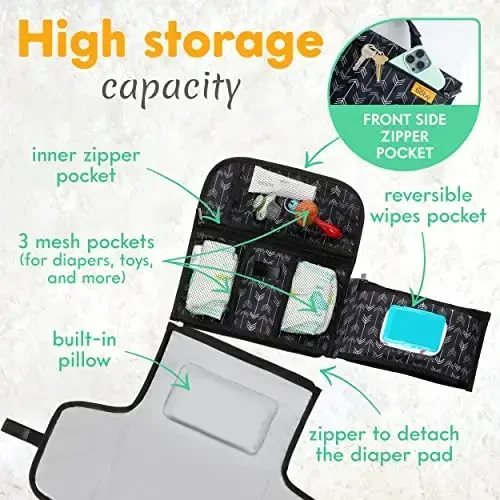 Kopi Baby Portable Diaper Changing Pad - Baby Diaper Changer Travel Bag with Wipes Pocket, Smart Design Portable Changing Mat, Infant Travel Station Kit, Gift for Newborn Girl & Boy - Black Arrows - 2