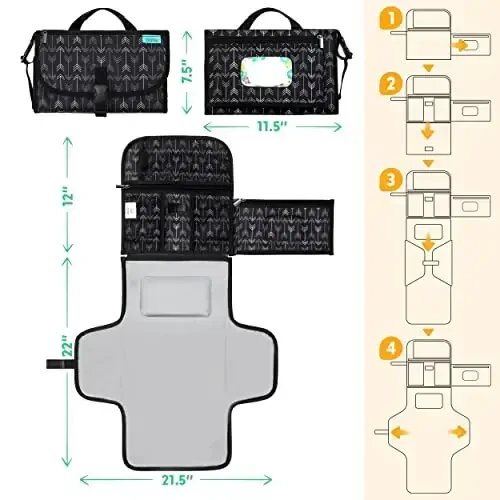 Kopi Baby Portable Diaper Changing Pad - Baby Diaper Changer Travel Bag with Wipes Pocket, Smart Design Portable Changing Mat, Infant Travel Station Kit, Gift for Newborn Girl & Boy - Black Arrows - 5