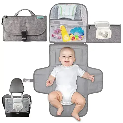 Kopi Baby Portable Diaper Changing Pad - Baby Diaper Changer Travel Bag with Wipes Pocket, Smart Design Portable Changing Mat, Infant Travel Station Kit, Gift for Newborn Girl & Boy - Grey, Classic - 1
