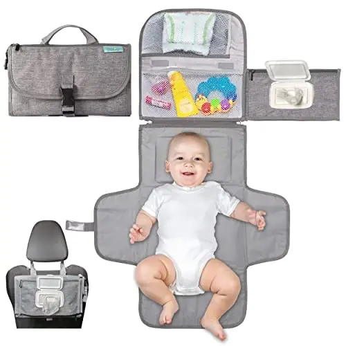 Kopi Baby Portable Diaper Changing Pad - Baby Diaper Changer Travel Bag with Wipes Pocket, Smart Design Portable Changing Mat, Infant Travel Station Kit, Gift for Newborn Girl & Boy - Grey, Classic - KOPI