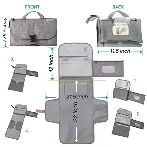 Kopi Baby Portable Diaper Changing Pad - Baby Diaper Changer Travel Bag with Wipes Pocket, Smart Design Portable Changing Mat, Infant Travel Station Kit, Gift for Newborn Girl & Boy - Grey, Classic - 5