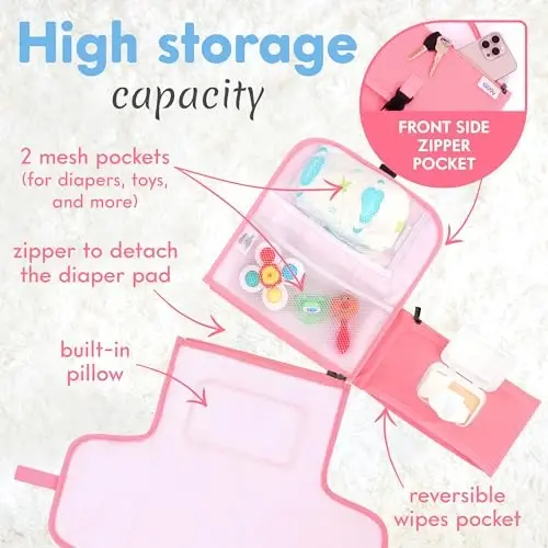 Kopi Baby Portable Diaper Changing Pad - Baby Diaper Changer Travel Bag with Wipes Pocket, Smart Design Portable Changing Mat, Infant Travel Station Kit, Gift for Newborn Girl & Boy - Pink, Classic - 2