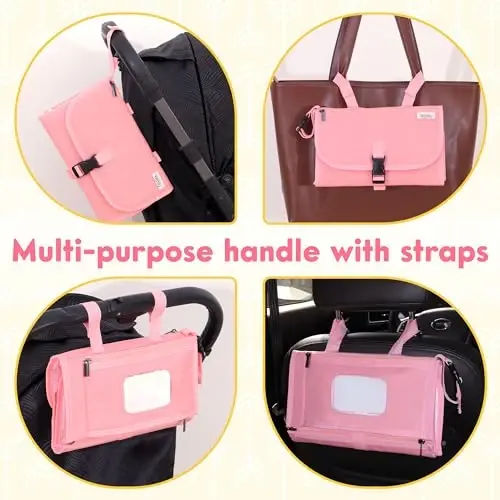 Kopi Baby Portable Diaper Changing Pad - Baby Diaper Changer Travel Bag with Wipes Pocket, Smart Design Portable Changing Mat, Infant Travel Station Kit, Gift for Newborn Girl & Boy - Pink, Classic - 3