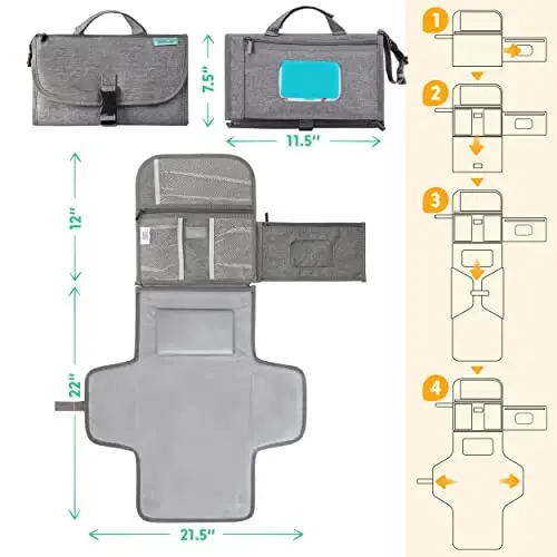 Kopi Baby Portable Diaper Changing Pad - Baby Diaper Changer Travel Bag with Wipes Pocket, Smart Design Portable Changing Mat, Infant Travel Station Kit, Gift for Newborn Girl & Boy - Grey, Premium - 5