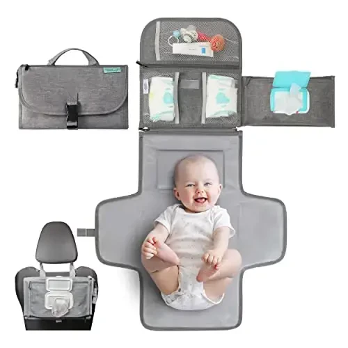 Kopi Baby Portable Diaper Changing Pad - Baby Diaper Changer Travel Bag with Wipes Pocket, Smart Design Portable Changing Mat, Infant Travel Station Kit, Gift for Newborn Girl & Boy - Grey, Premium - 1