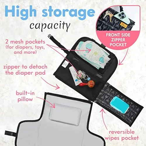 Kopi Baby Portable Diaper Changing Pad - Baby Diaper Changer Travel Bag with Wipes Pocket, Smart Design Portable Changing Mat, Infant Travel Station Kit, Gift for Newborn - Black Arrows, Classic - KOPI (1)