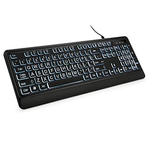 KOPJIPPOM Large Print Backlit Keyboard, USB Wired Computer Keyboard, Full Size Keyboard with White Illuminated LED Compatible for Windows Desktop, Laptop, PC, Gaming, Black - 1