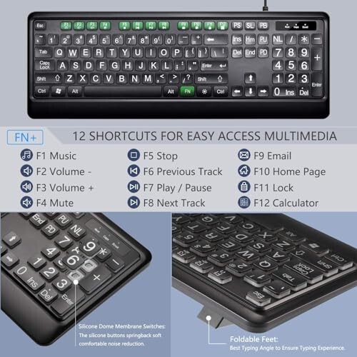 KOPJIPPOM Large Print Backlit Keyboard, USB Wired Computer Keyboard, Full Size Keyboard with White Illuminated LED Compatible for Windows Desktop, Laptop, PC, Gaming, Black - 6