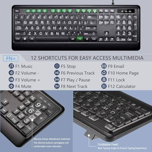 KOPJIPPOM Large Print Backlit Keyboard, USB Wired Computer Keyboard, Full Size Keyboard with White Illuminated LED Compatible for Windows Desktop, Laptop, PC, Gaming, Black - 6