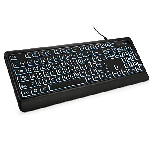 KOPJIPPOM Katta Xarfli Orqa Fonli Klaviatura, Jim USB Simli Kompyuter Klaviaturasi, Oq Yoritishli LED bilan To'liq O'lchamli Klaviatura Windows Desktop, Laptop, PC, O'yin uchun Mos keladi, Qora - KOPJIPPOM