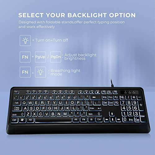 KOPJIPPOM Katta Xarfli Orqa Fonli Klaviatura, Jim USB Simli Kompyuter Klaviaturasi, Oq Yoritishli LED bilan To'liq O'lchamli Klaviatura Windows Desktop, Laptop, PC, O'yin uchun Mos keladi, Qora - 2