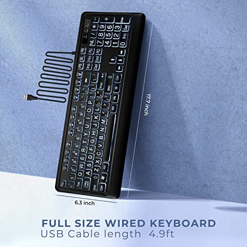 KOPJIPPOM Katta Xarfli Orqa Fonli Klaviatura, Jim USB Simli Kompyuter Klaviaturasi, Oq Yoritishli LED bilan To'liq O'lchamli Klaviatura Windows Desktop, Laptop, PC, O'yin uchun Mos keladi, Qora - 4