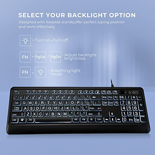 KOPJIPPOM Large Print Backlit Keyboard, Quiet USB Wired Computer Keyboard, Full Size Keyboard with White Illuminated LED Compatible for Windows Desktop, Laptop, PC, Gaming, Black - 4