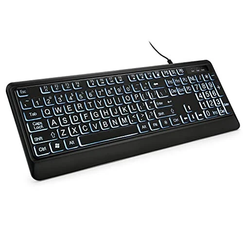 KOPJIPPOM Large Print Backlit Keyboard, Quiet USB Wired Computer Keyboard, Full Size Keyboard with White Illuminated LED Compatible for Windows Desktop, Laptop, PC, Gaming, Black - KOPJIPPOM