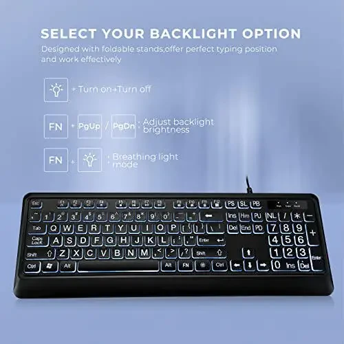 KOPJIPPOM Large Print Backlit Keyboard, Quiet USB Wired Computer Keyboard, Full Size Keyboard with White Illuminated LED Compatible for Windows Desktop, Laptop, PC, Gaming, Black - 2