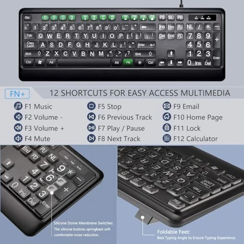 KOPJIPPOM Large Print Backlit Keyboard, Quiet USB Wired Computer Keyboard, Full Size Keyboard with White Illuminated LED Compatible for Windows Desktop, Laptop, PC, Gaming, Black - 6