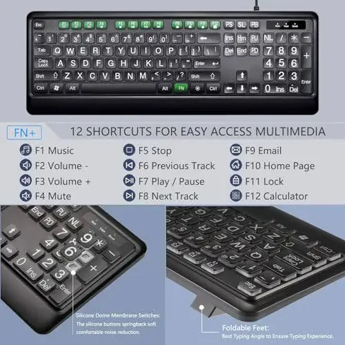 KOPJIPPOM Large Print Backlit Keyboard, Quiet USB Wired Computer Keyboard, Full Size Keyboard with White Illuminated LED Compatible for Windows Desktop, Laptop, PC, Gaming, Black - 6