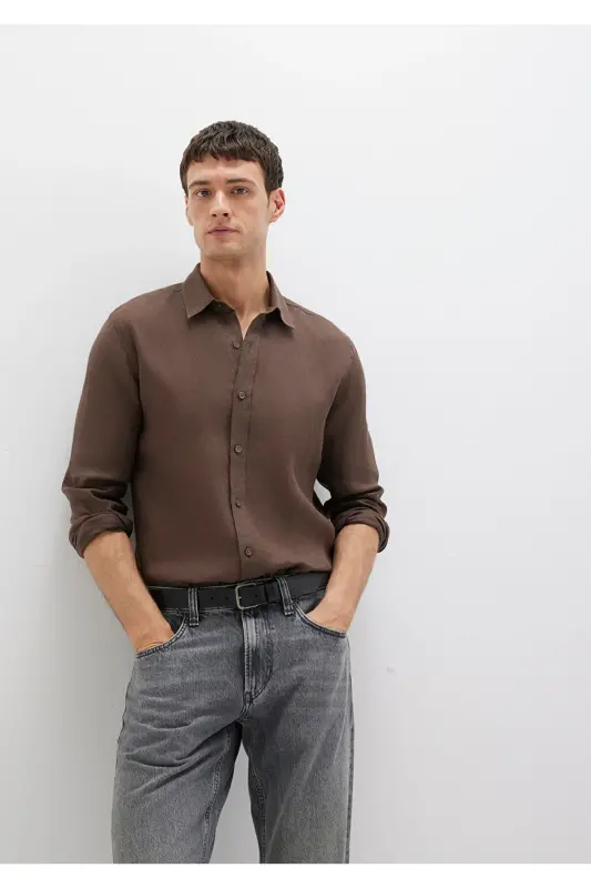 Коричневая льняная рубашка Slim Fit / Узкий крой 02114 - 1
