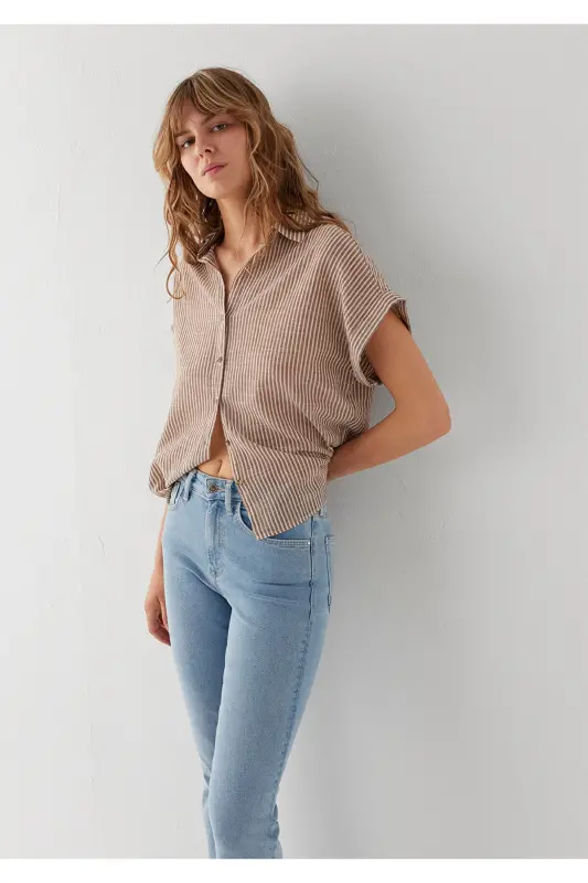 Коричневая рубашка в полоску с коротким рукавом Loose Fit / Свободный крой 1210445-85431 - Коричневый - 2