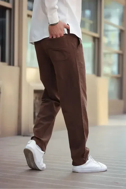 Коричневый Цвет Мужской Летний Лён Смешанный Relaxed Брюки - Коричневый-Коричневый - 2