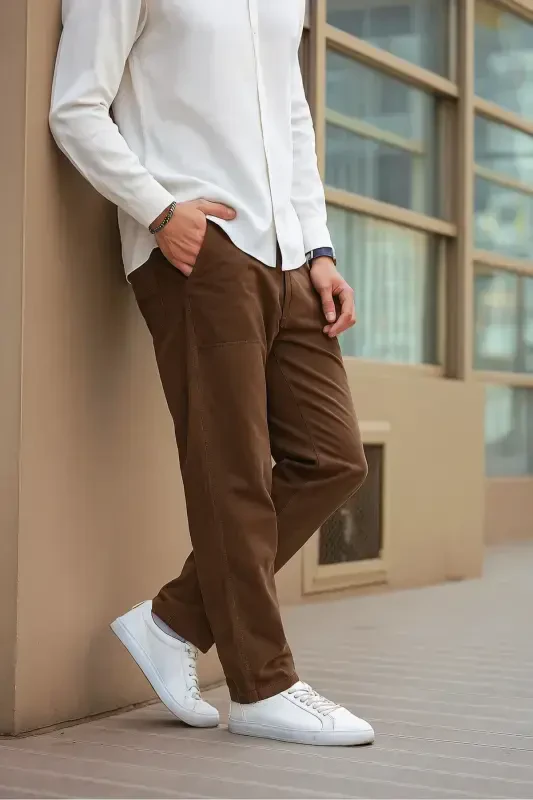 Коричневый Цвет Мужской Летний Лён Смешанный Relaxed Брюки - Коричневый-Коричневый - 3
