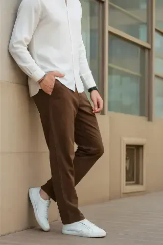 Коричневый Цвет Мужской Летний Лён Смешанный Relaxed Брюки - Коричневый-Коричневый - 4