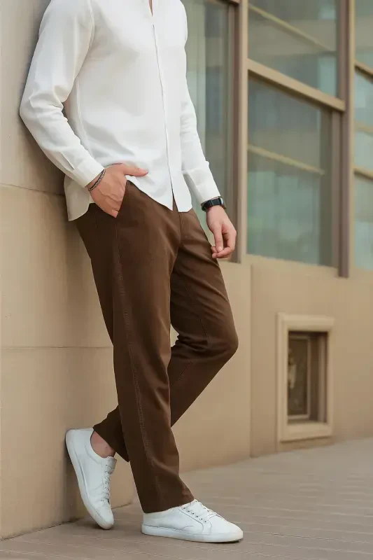 Коричневый Цвет Мужской Летний Лён Смешанный Relaxed Брюки - Коричневый-Коричневый - 4
