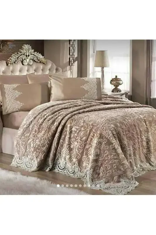 Коричневый двуспальный комплект французского кружевного одеяла, комплект одеяла для приданного - VIZON - 1