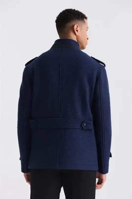 Королевско-синий приталенный пиджак с воротником-стойкой и эполетами, узорчатый, повседневный, кашемир - 4