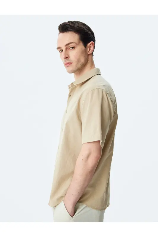 Короткая хлопковая рубашка классического кроя Regular Fit - БЕЖ - 2